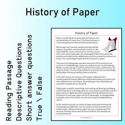 History of Paper | Reading Comprehension Passage Printable Worksheet