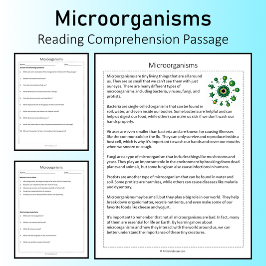 Microorganisms | Reading Comprehension Passage Printable Worksheet