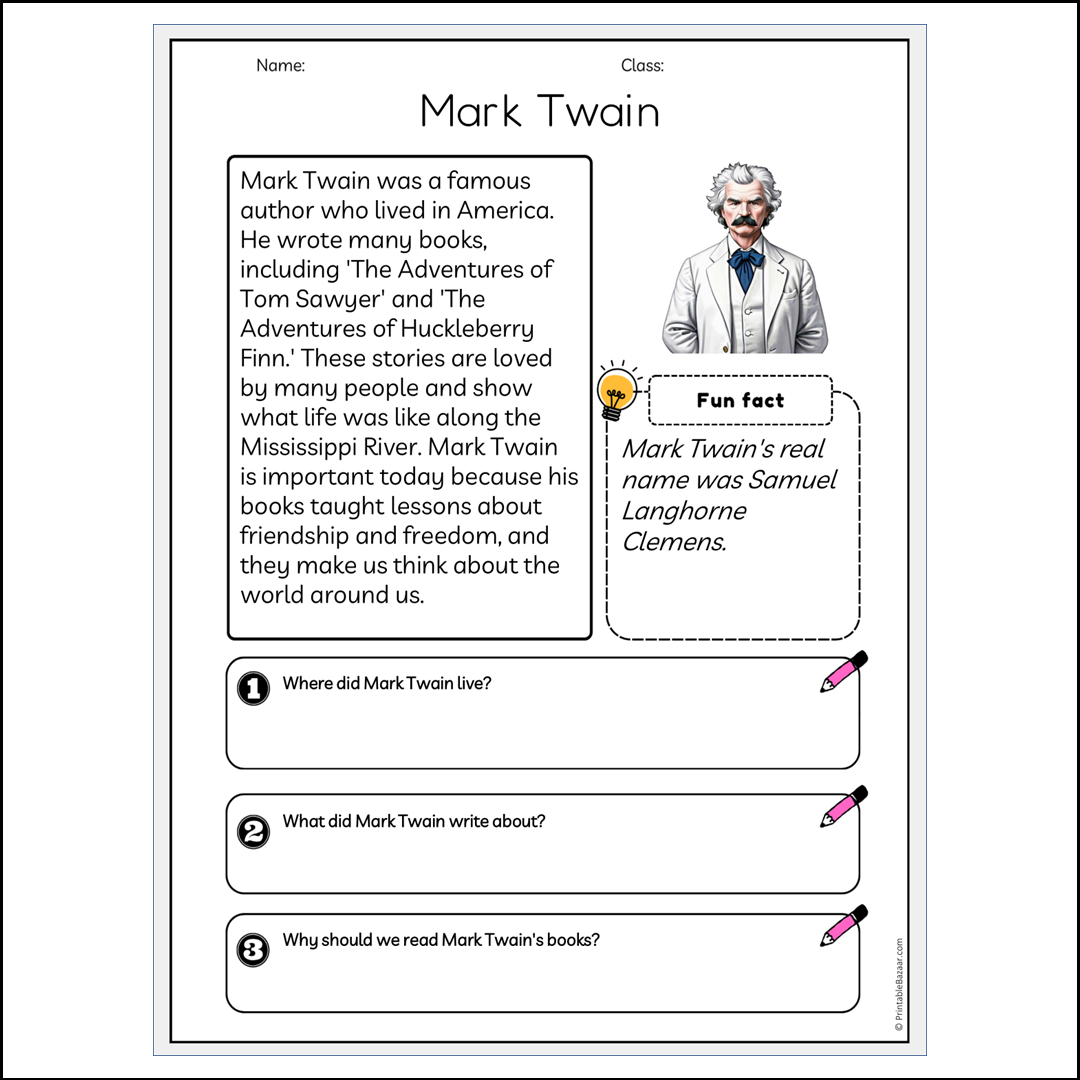 Mark Twain | Reading Passage Comprehension Questions Writing Facts Worksheet