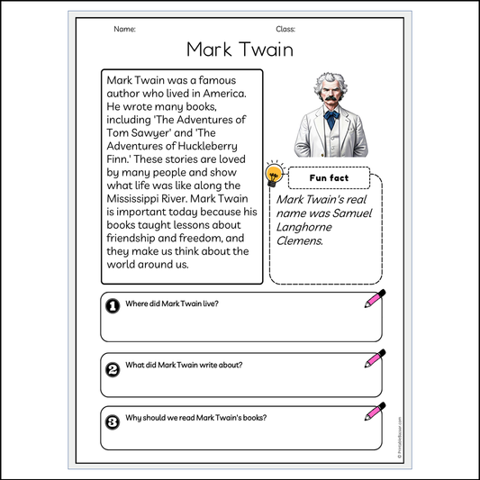 Mark Twain | Reading Passage Comprehension Questions Writing Facts Worksheet