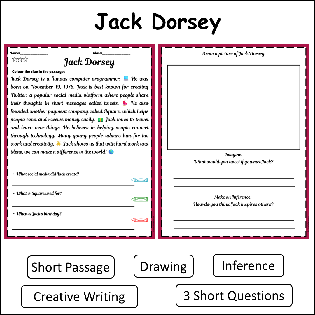 Jack Dorsey | Short Reading Comprehension Creative Worksheet