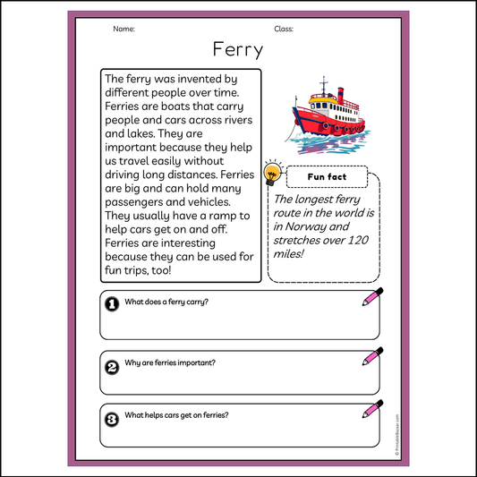 Ferry | Reading Passage Comprehension Questions Writing Facts Worksheet