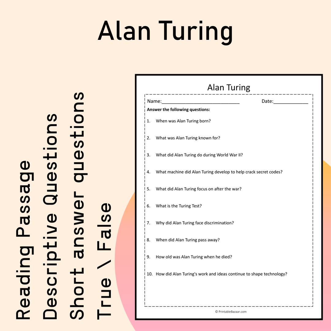 Alan Turing | Reading Comprehension Passage Printable Activity