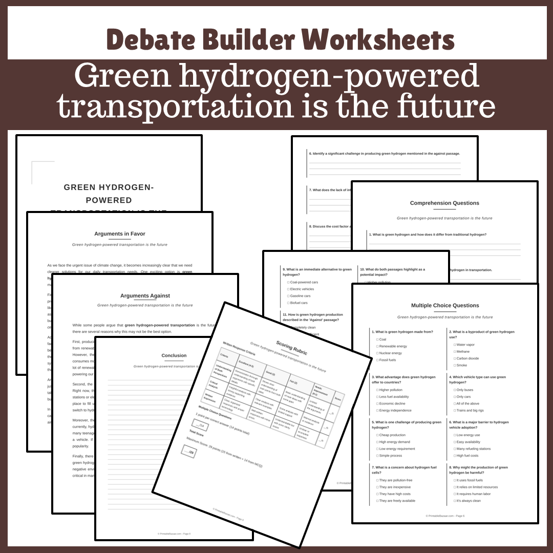 Green hydrogen-powered transportation is the future | Favour and Against Worksheet Printable Activity
