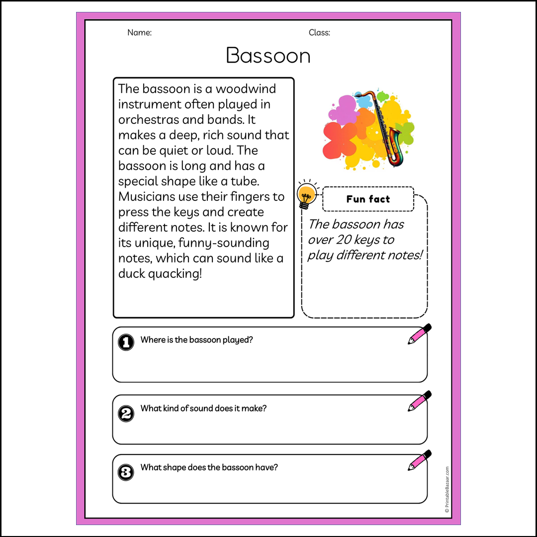 Bassoon | Reading Passage Comprehension Questions Writing Facts Worksheet