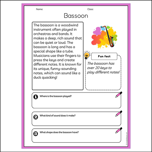 Bassoon | Reading Passage Comprehension Questions Writing Facts Worksheet