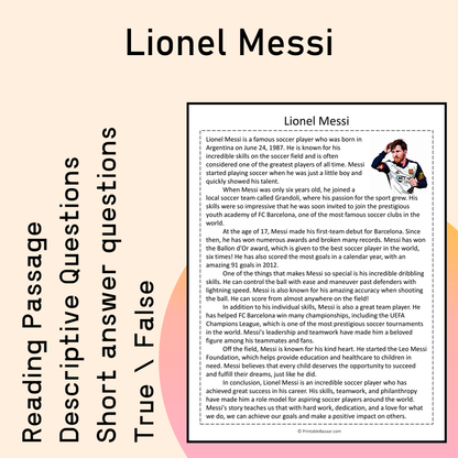 Lionel Messi | Reading Comprehension Passage Printable Activity