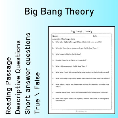 Big Bang Theory | Reading Comprehension Passage Printable Worksheet
