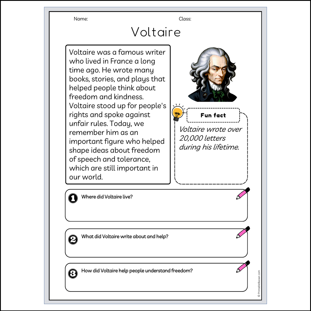 Voltaire | Reading Passage Comprehension Questions Writing Facts Worksheet