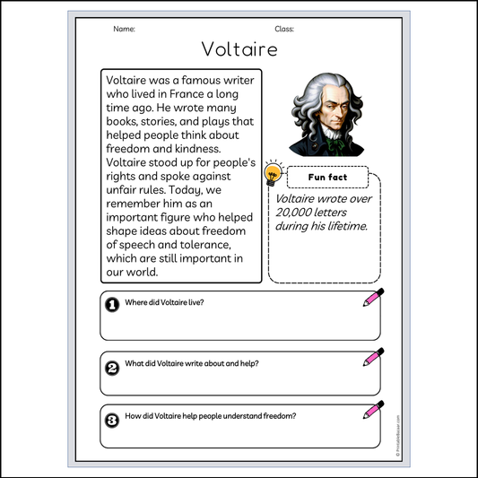 Voltaire | Reading Passage Comprehension Questions Writing Facts Worksheet