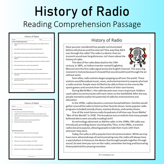 History of Radio | Reading Comprehension Passage Printable Worksheet