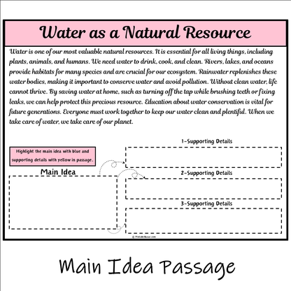 Water as a Natural Resource | Main Idea and Supporting Details Reading Passage and Questions