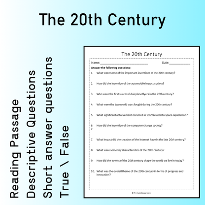 The 20th Century | Reading Comprehension Passage Printable Worksheet