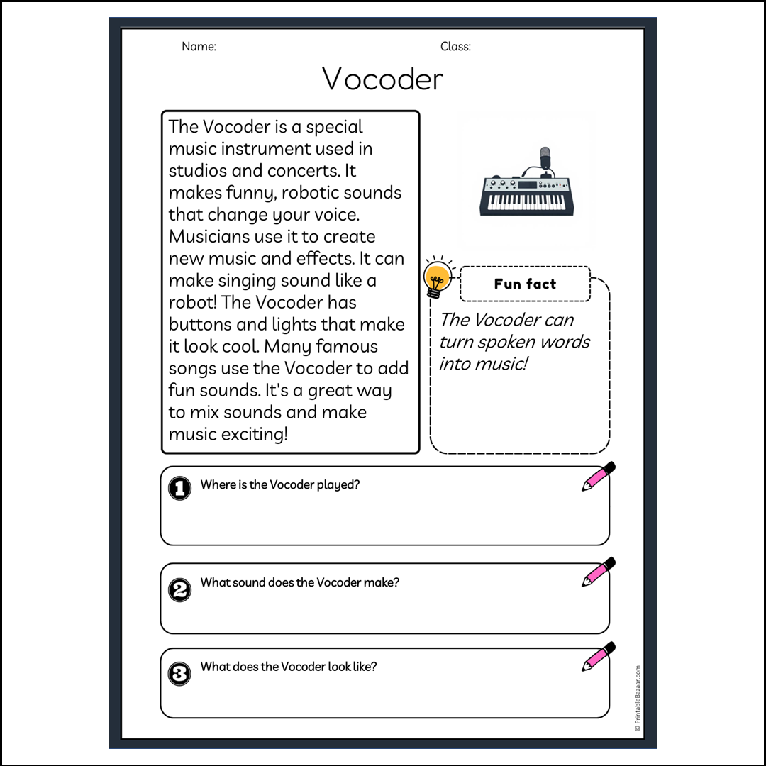 Vocoder | Reading Passage Comprehension Questions Writing Facts Worksheet