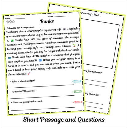 Banks | Short Reading Comprehension Creative Worksheet