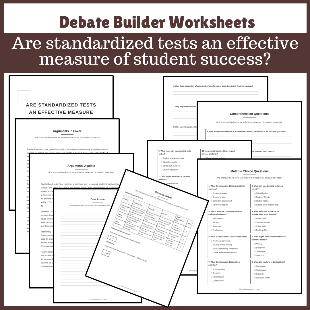 Are standardized tests an effective measure of student success? | Favour and Against Worksheet Printable Activity