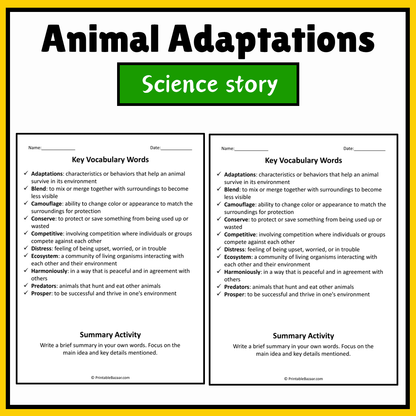 Animal Adaptations | Science Story Reading Comprehension Activity