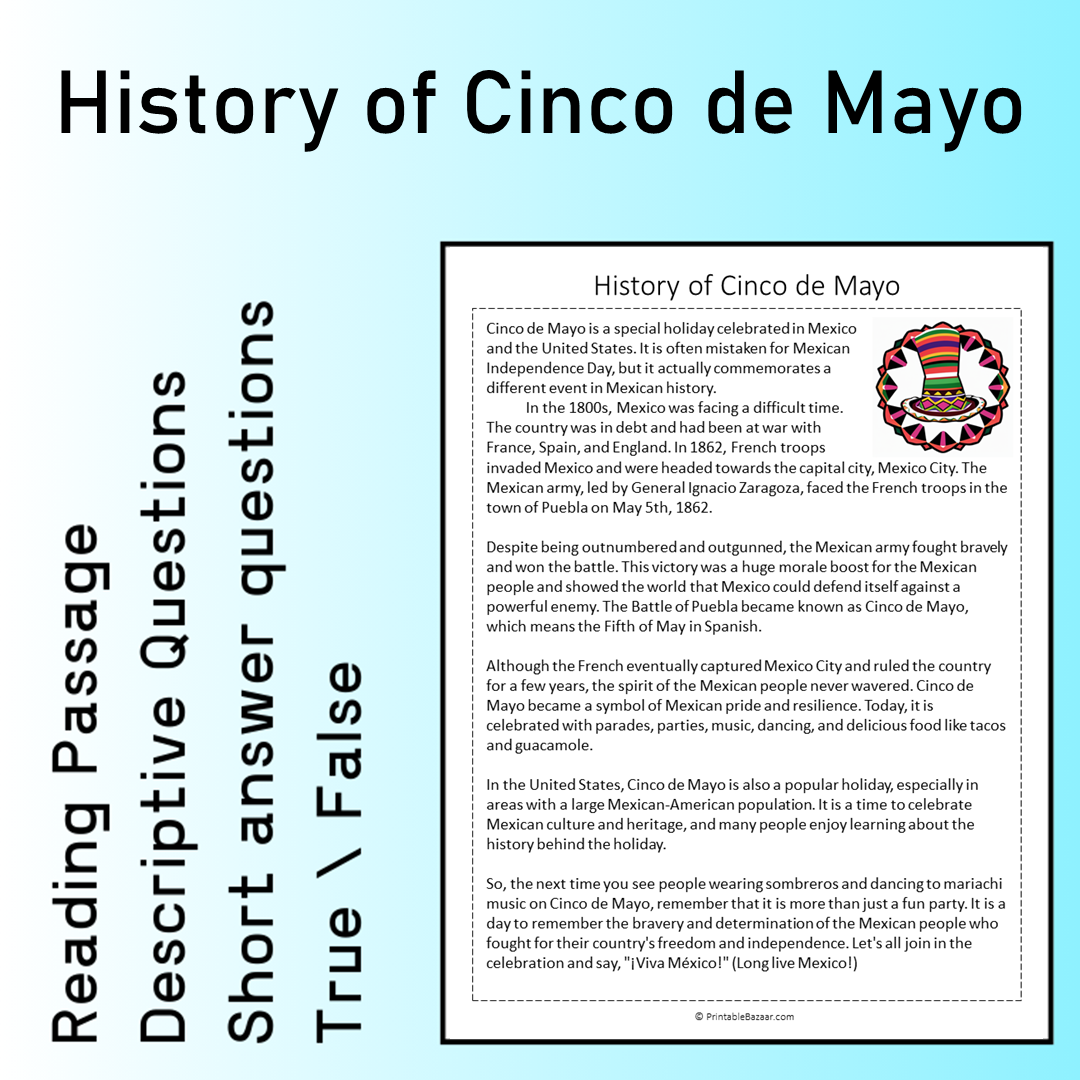 History of Cinco de Mayo | Reading Comprehension Passage Printable Worksheet