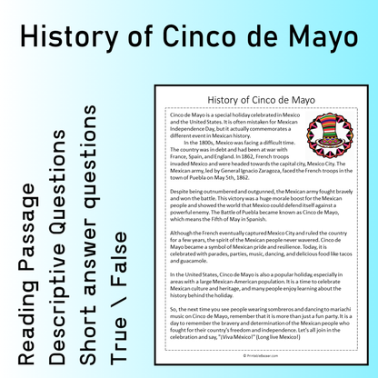 History of Cinco de Mayo | Reading Comprehension Passage Printable Worksheet