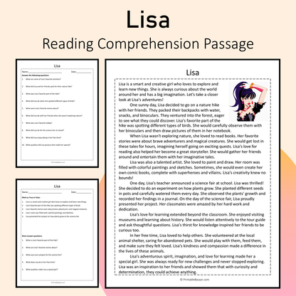 Lisa | Reading Comprehension Passage Printable Activity