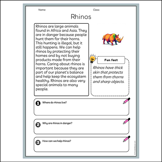 Rhinos | Reading Passage Comprehension Questions Writing Facts Worksheet