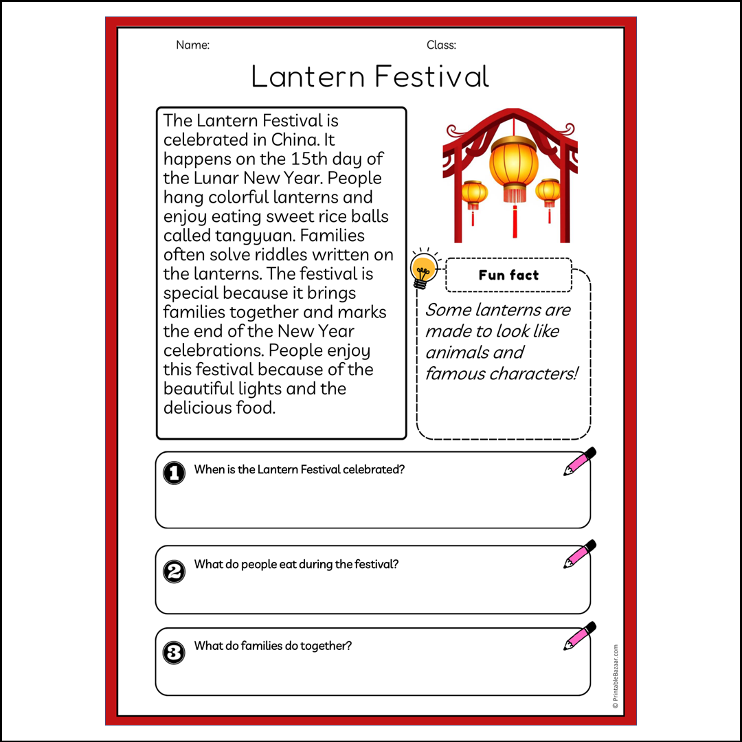 Lantern Festival | Reading Passage Comprehension Questions Writing Facts Worksheet