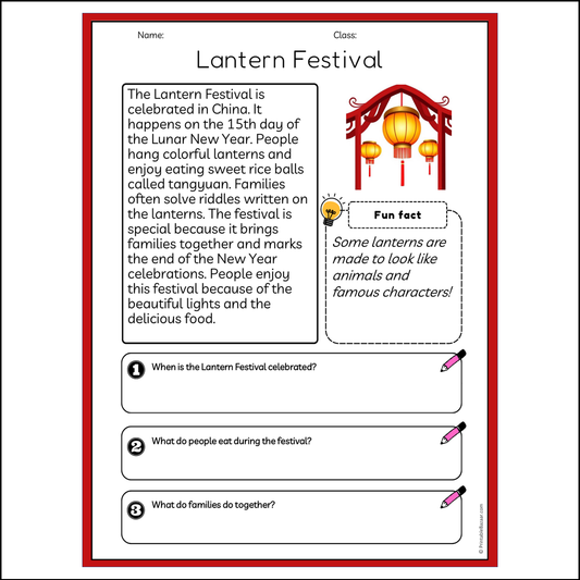 Lantern Festival | Reading Passage Comprehension Questions Writing Facts Worksheet