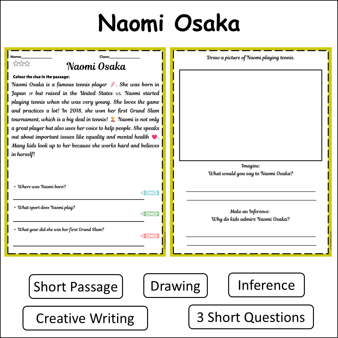 Naomi Osaka | Short Reading Comprehension Creative Worksheet