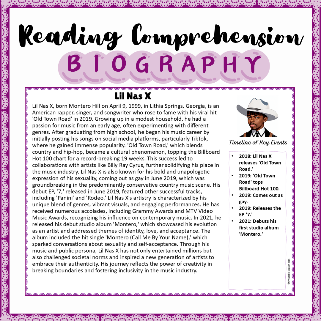 Lil Nas X | Biography Reading Comprehension and Questions Worksheet