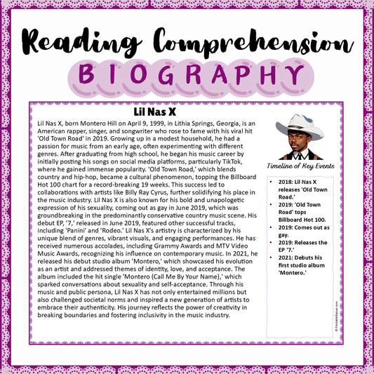 Lil Nas X | Biography Reading Comprehension and Questions Worksheet