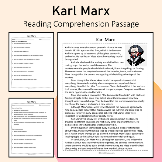 Karl Marx | Reading Comprehension Passage Printable Activity