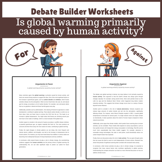 Is global warming primarily caused by human activity? | Favour and Against Worksheet Printable Activity