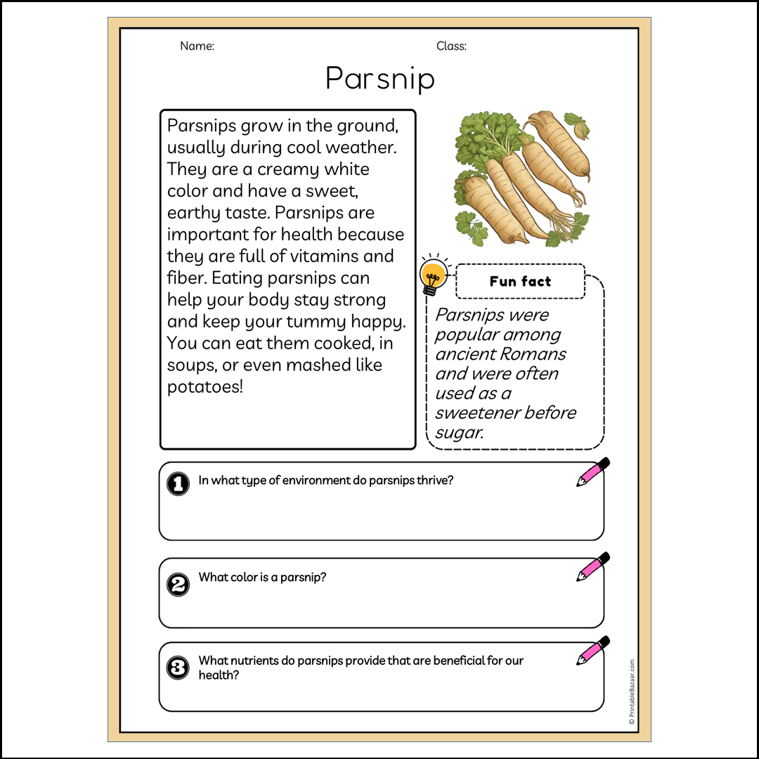 Parsnip | Reading Passage Comprehension Questions Writing Facts Worksheet