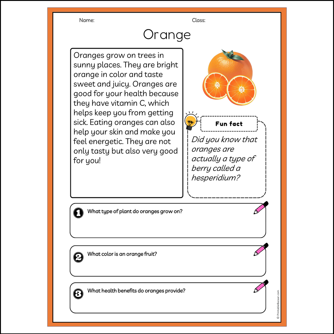 Orange | Reading Passage Comprehension Questions Writing Facts Worksheet