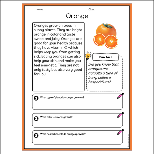 Orange | Reading Passage Comprehension Questions Writing Facts Worksheet