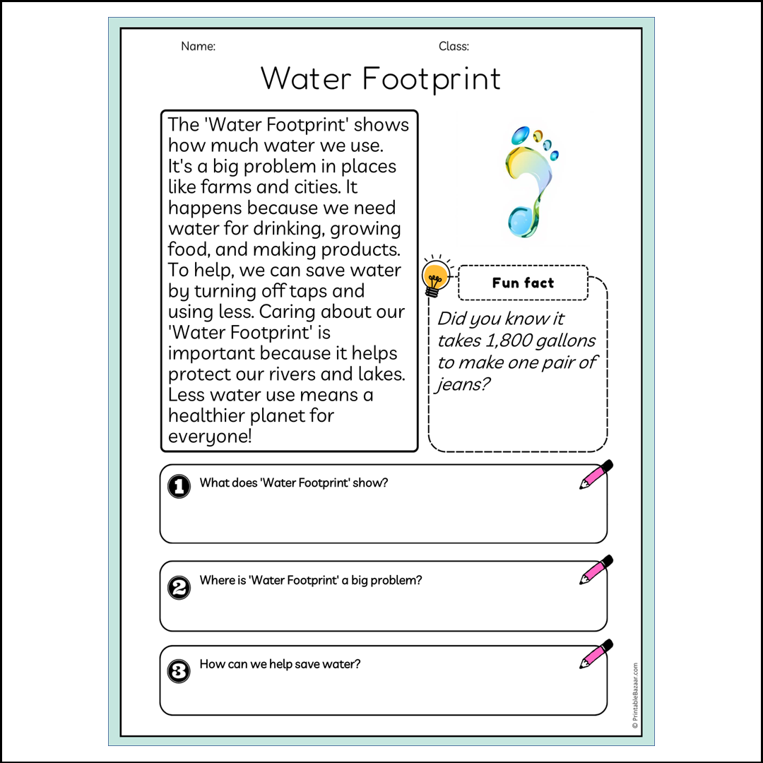 Water Footprint | Reading Passage Comprehension Questions Writing Facts Worksheet