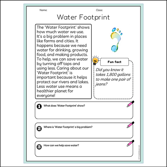 Water Footprint | Reading Passage Comprehension Questions Writing Facts Worksheet