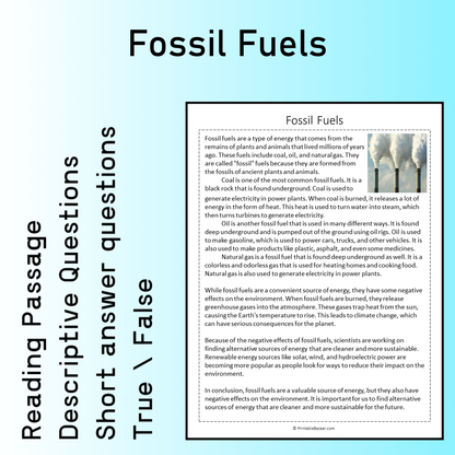 Fossil Fuels | Reading Comprehension Passage Printable Worksheet