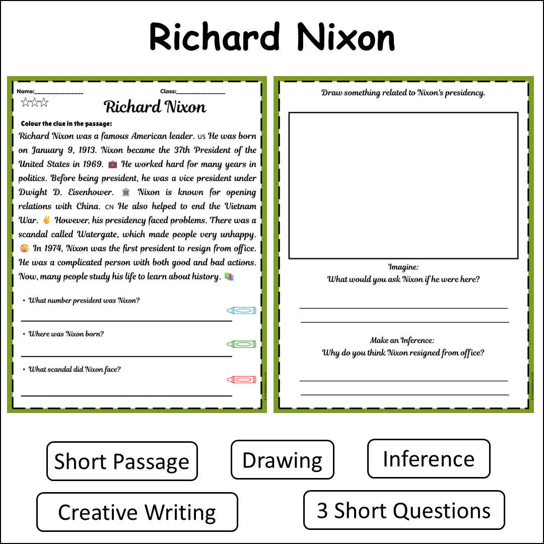 Richard Nixon | Short Reading Comprehension Creative Worksheet