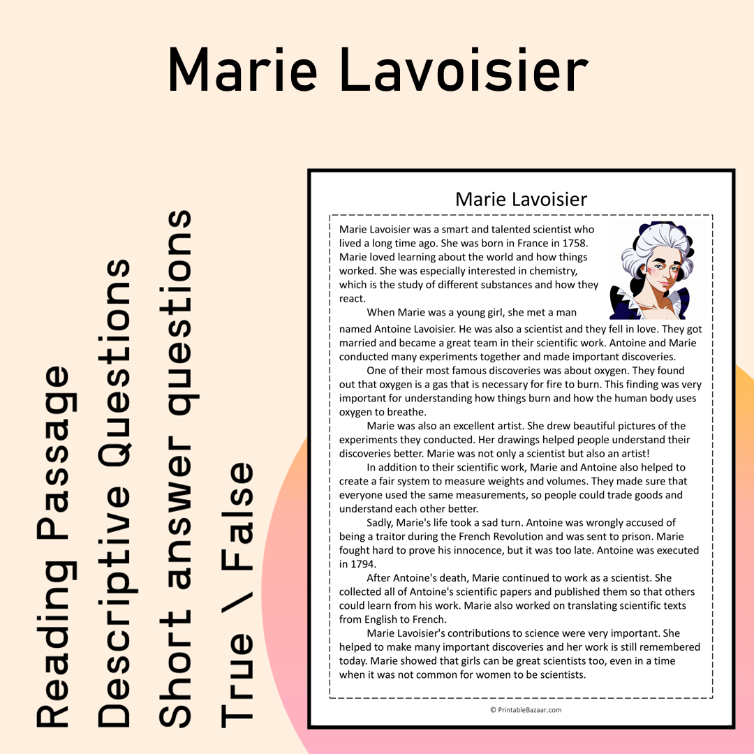 Marie Lavoisier | Reading Comprehension Passage Printable Activity
