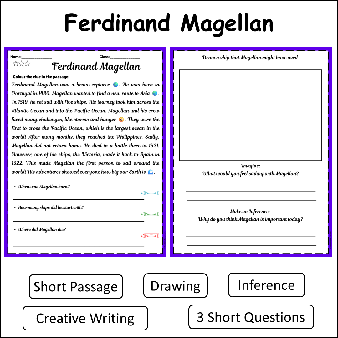 Ferdinand Magellan | Short Reading Comprehension Creative Worksheet