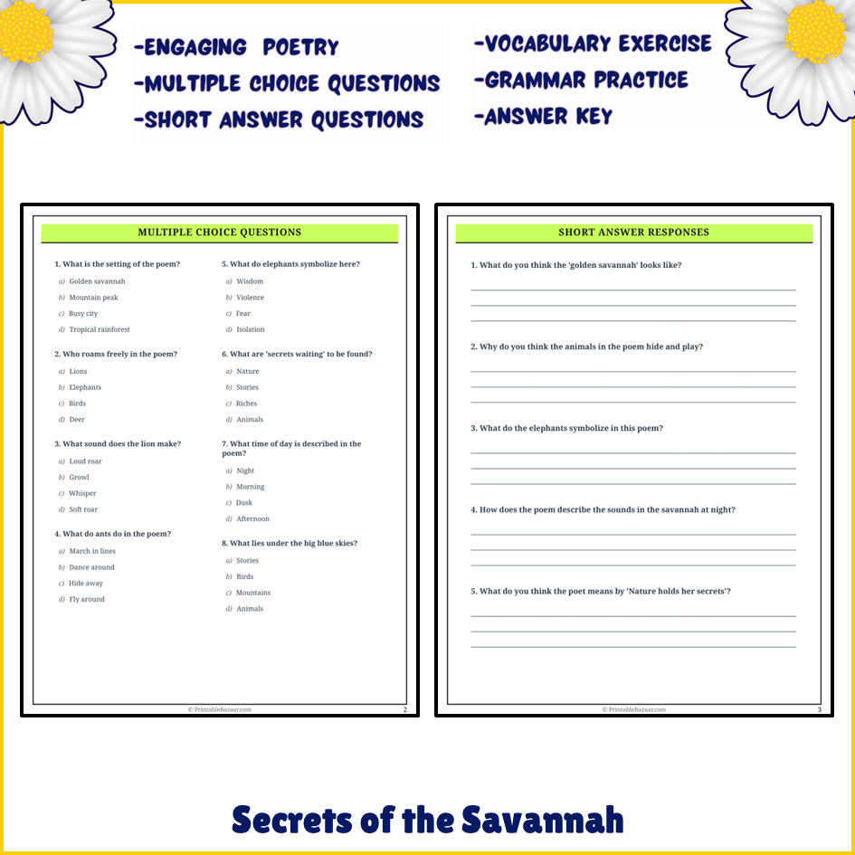 Secrets of the Savannah | Poem Grammar Worksheet Printable Activity