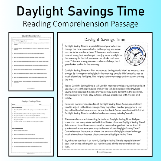 Daylight Savings Time | Reading Comprehension Passage Printable Worksheet