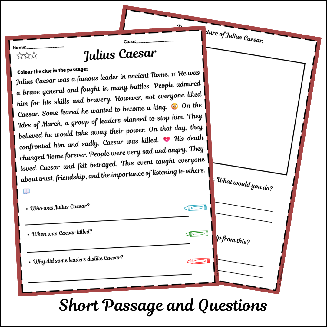 Julius Caesar | Short Reading Comprehension Creative Worksheet