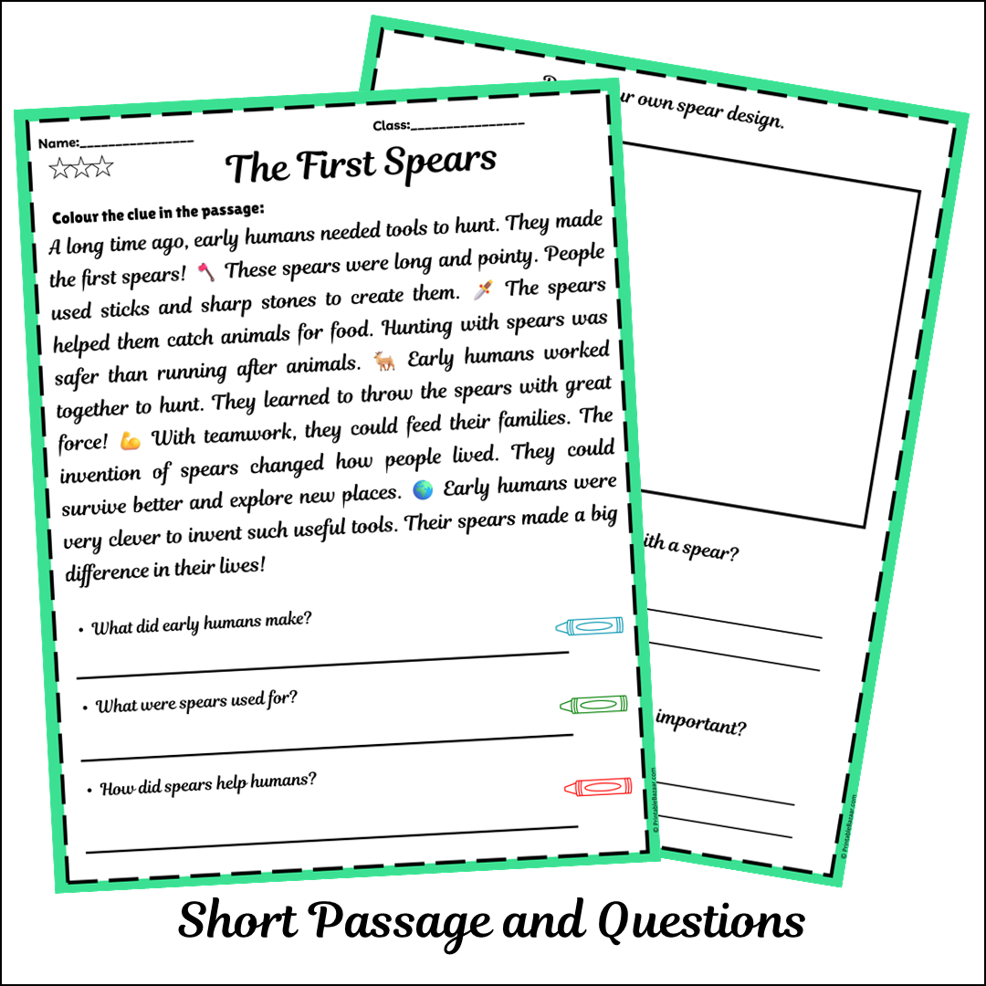 The First Spears | Short Reading Comprehension Creative Worksheet