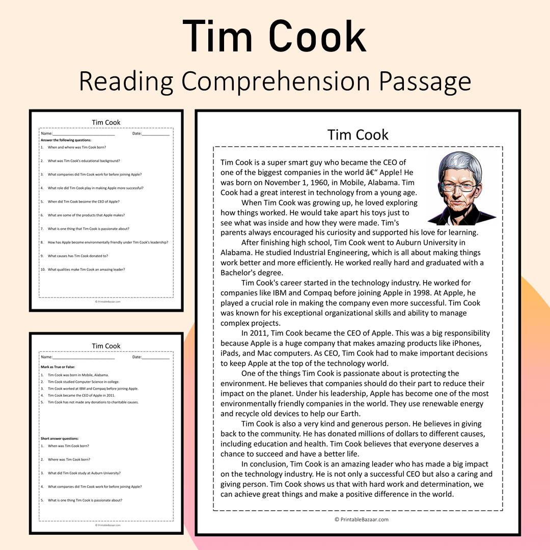 Tim Cook | Reading Comprehension Passage Printable Activity