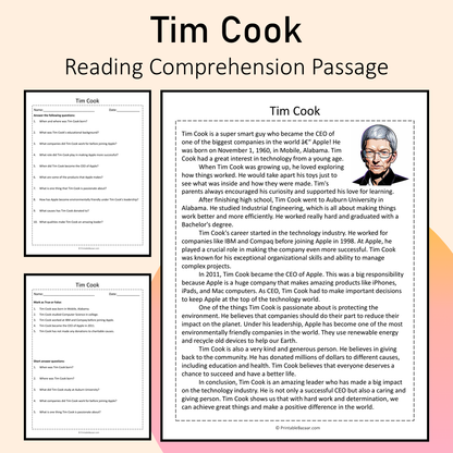 Tim Cook | Reading Comprehension Passage Printable Activity