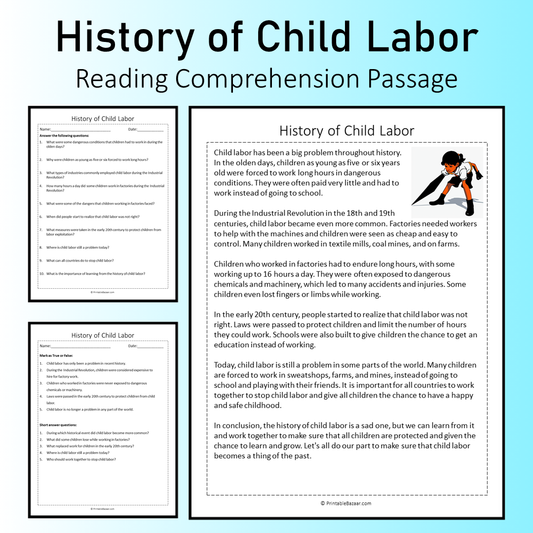 History of Child Labor | Reading Comprehension Passage Printable Worksheet