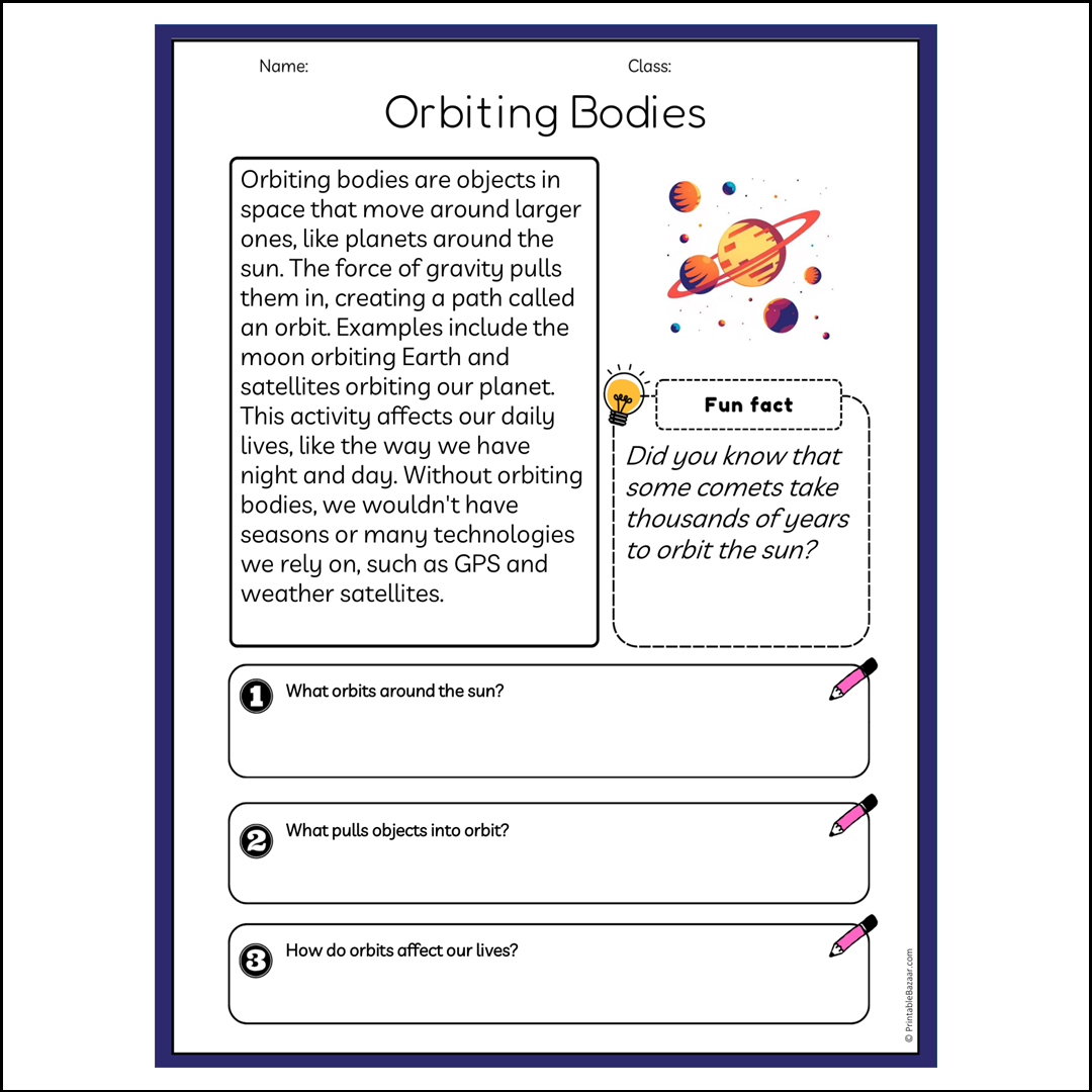 Orbiting Bodies | Reading Passage Comprehension Questions Writing Facts Worksheet