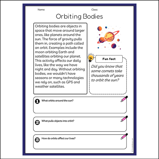 Orbiting Bodies | Reading Passage Comprehension Questions Writing Facts Worksheet